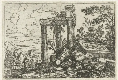 Ruïnelandschap met de vlucht naar Egypte