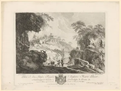 Ruïnelandschap met herders bij een kleine waterval