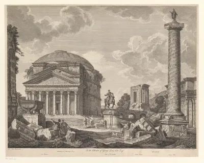Ruïnelandschap met het Pantheon, het ruiterstandbeeld van Marcus Aurelius, de Sibylle-tempel en de Trajanuszuil