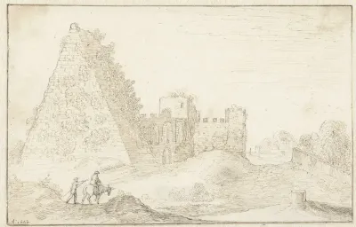 Ruïnelandschap met links een piramide