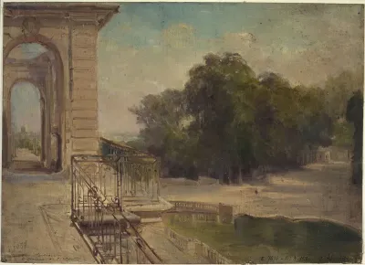 Ruines du château de Saint-Cloud : le bassin du fer à cheval vu du balcon du premier étage
