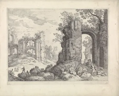Ruïnes en een herdersfamilie