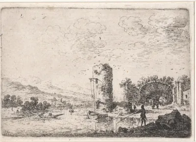 Ruïnes en een ronde toren aan de oever van een rivier