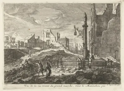 Ruïnes in een straat naar de Grote Markt bij het Manneken Pis te Brussel, 1695