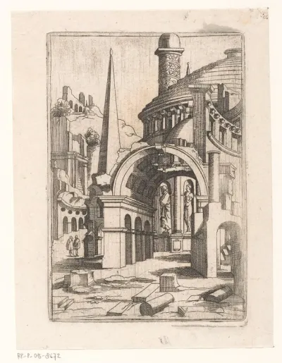 Ruïnes met een obelisk, koepel en triomfzuil