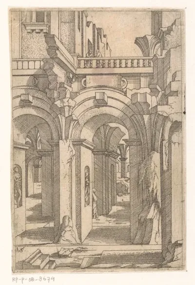 Ruïnes met twee figuren leunend over een balustrade