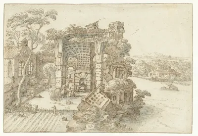 Ruïnes nabij een brede rivier