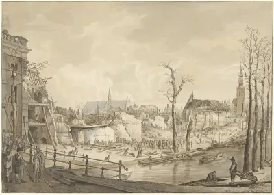 Ruïnes op de noordzijde van het Steenschuur na de Buskruitramp te Leiden, 12 januari 1807