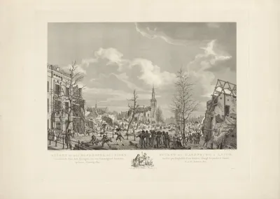 Ruïnes op het Rapenburg na de buskruitramp te Leiden, 1807