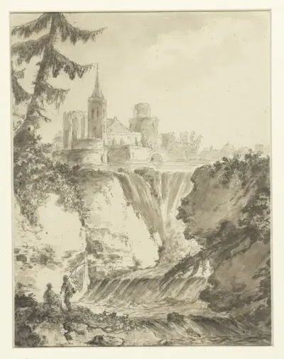 Ruïneus kerkgebouw bij een waterval