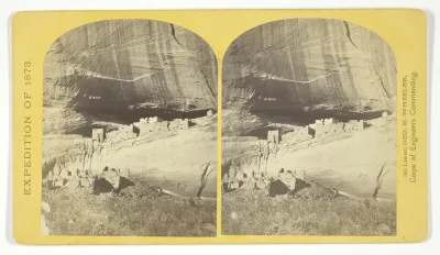 Ruins in Cañon de Chelle, N. M., in a cavity in the wall, 60 feet above present bed of Cañon. Height of walls about 700 feet. The present race of Indians know nothing of the age of these buildings of who occupied them, No. 21 from the series "Geograp
