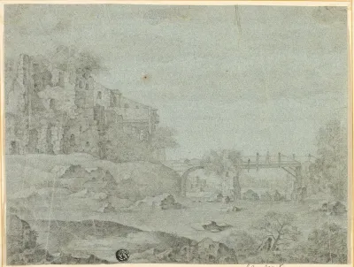 Ruins Overlooking River with Bridge