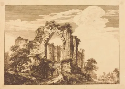 Ruins with a Seated Man, and a Covered Wagon in the Distance