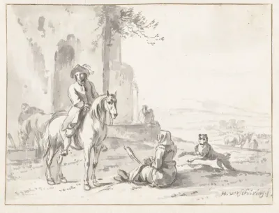 Ruiter bij een op de grond zittende spinnende vrouw