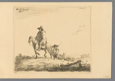 Ruiter en herders met vee op zandweg