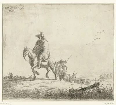 Ruiter en herders met vee op zandweg