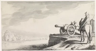 Ruiter en twee soldaten bij een kanon op een rivieroever