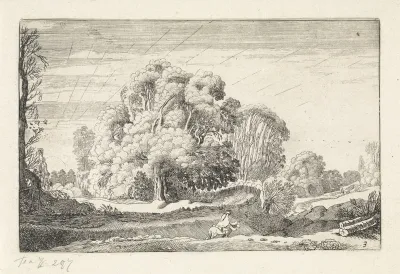 Ruiter in een landschap bij zonsopgang