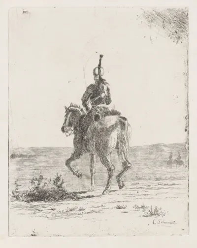 Ruiter in uniform, van achter gezien