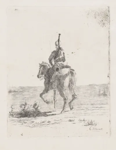 Ruiter in uniform, van achteren gezien