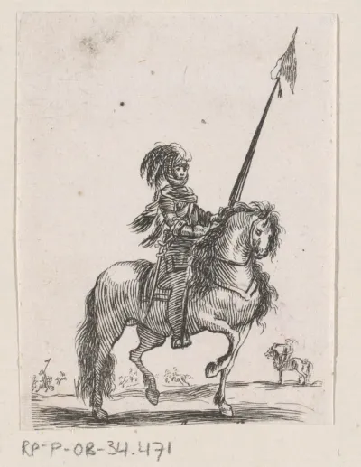 Ruiter met lans te paard in een landschap met meer ruiters te paard