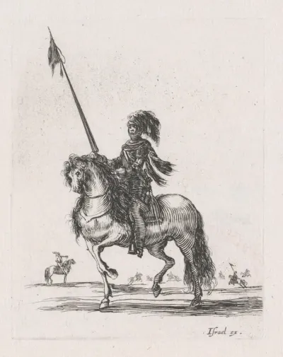 Ruiter met lans te paard in een landschap met meer ruiters te paard