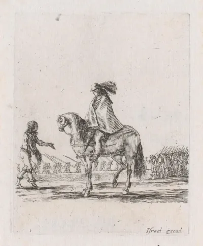 Ruiter met mantel te paard, pratend met een staande man