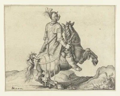 Ruiter met pistool, op de rug gezien