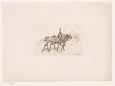 Ruiter met twee paarden op het strand met op de achtergrond een kerk