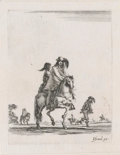 Ruiter met vrouw achterop in een landschap met meer ruiters te paard