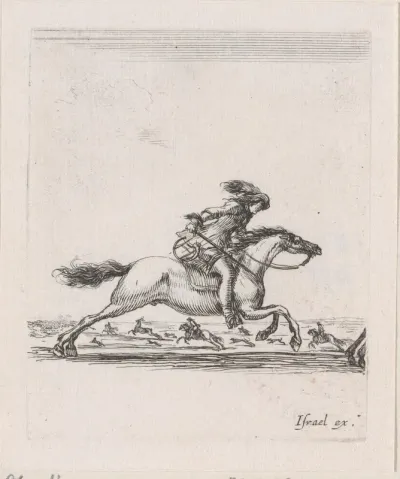 Ruiter met zwaard in hand op een rennend paard in een landschap met meer ruiters te paard