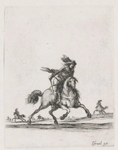 Ruiter met zwaard op rennend paard in een landschap met meer ruiters te paard