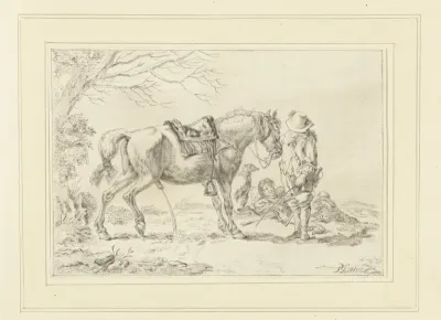 Ruiter naast pissend paard