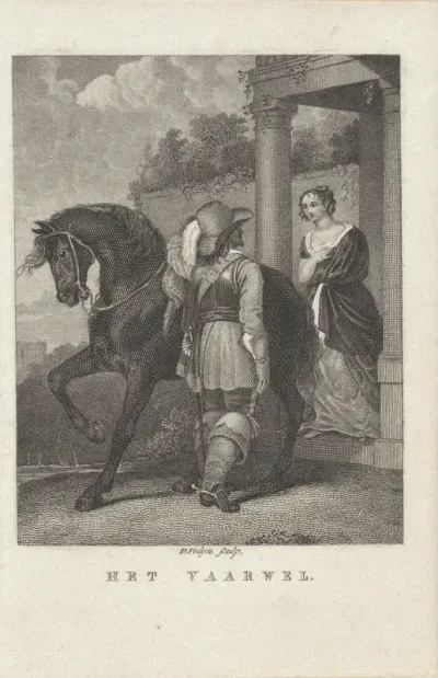 Ruiter naast zijn paard bij een vrouw naast een zuil