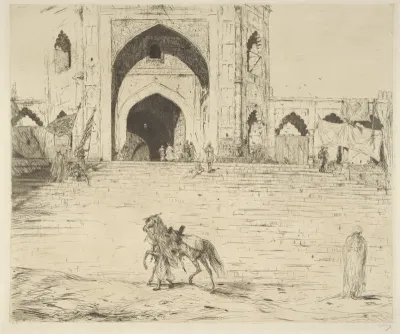 Ruiter naast zijn paard voor de Jama Masjid in Delhi