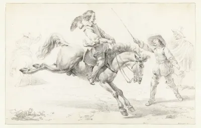 Ruiter op een paard dat achteruit trapt en drie andere figuren