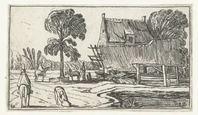 Ruiter op pad langs een boerderij