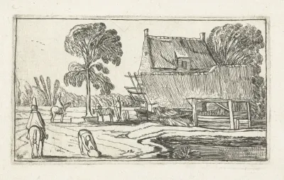 Ruiter op pad langs een boerderij