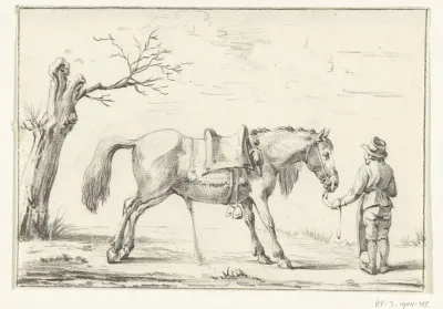 Ruiter staand naast pissend paard