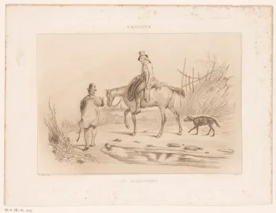 Ruiter te paard en man met hond