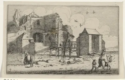 Ruiters bij een ruïne van een kasteel met brug