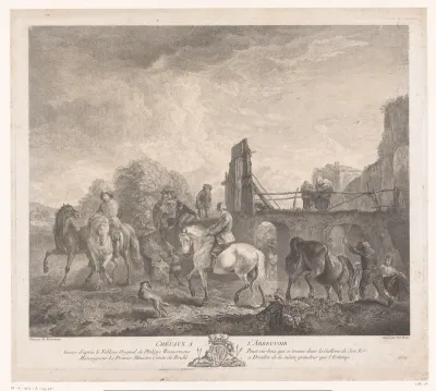 Ruiters en paarden bij een waterplaats