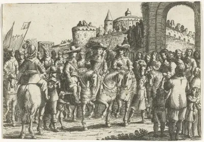 Ruiters en voetvolk bij een stadspoort