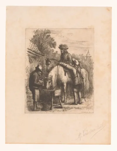 Ruiters met paarden bij drinkbak
