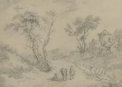 Ruiters met takkenbossen op een landweg bij een vervallen gebouw