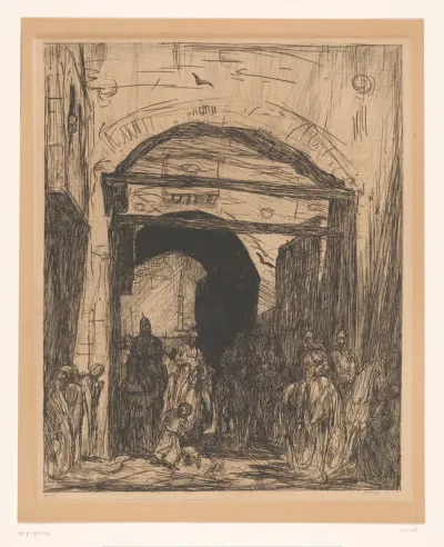 Ruiters onder een poort