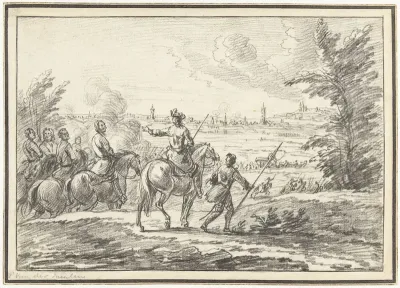 Ruiters op een heuvel voor een stad