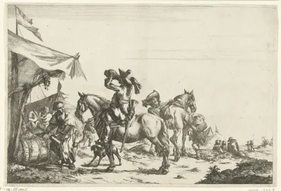 Ruiters rusten bij een tent