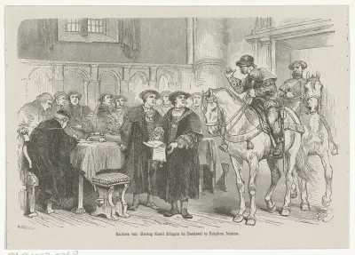 Ruiters van Hertog Karel dringen de Raadzaal te Zutphen binnen