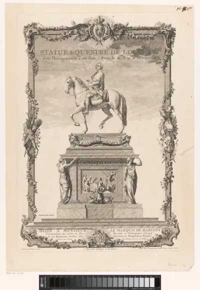 Ruiterstandbeeld van Lodewijk XV op pedestal in decoratieve lijst
